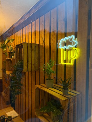 Holzwand mit Dekoelementen, Pflanzen und Bierschild